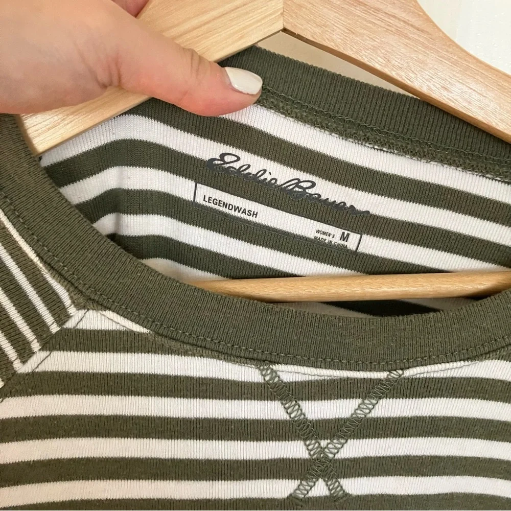 Eddie Bauer Women’s Legendwash Green and White Striped Crewneck Sweater - Picture 5 of 5